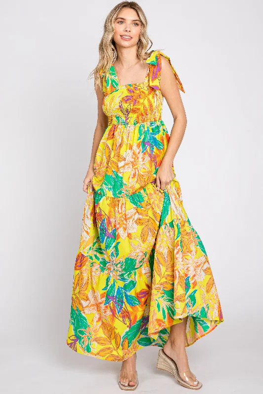 Yellow Tropical Print Smocked Tie Sleeve Maxi Dress Comfortable Bohemian Maxi Dress