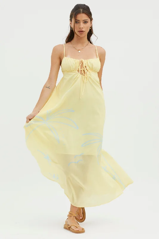 Yuki Tied Bust Midi Dress Yellow Comfortable Ribbed Midi Dress