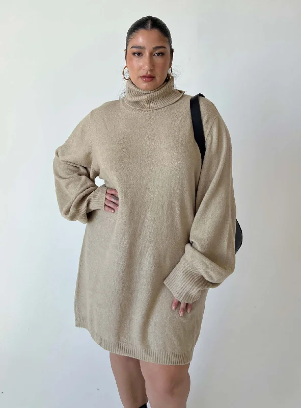 Zahara Mini Dress Beige Curve Cozy Cowl Neck Mini Dress