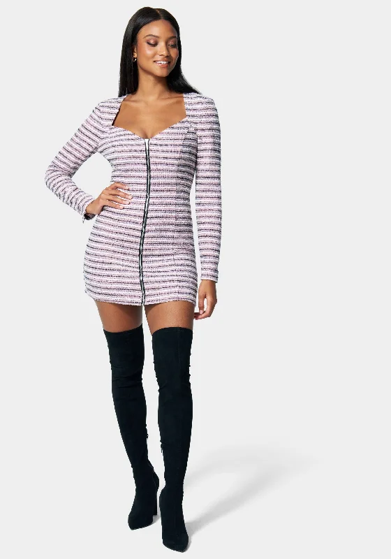 Zip Front Tweed Mini Dress Comfortable Fit-and-Flare Mini Dress