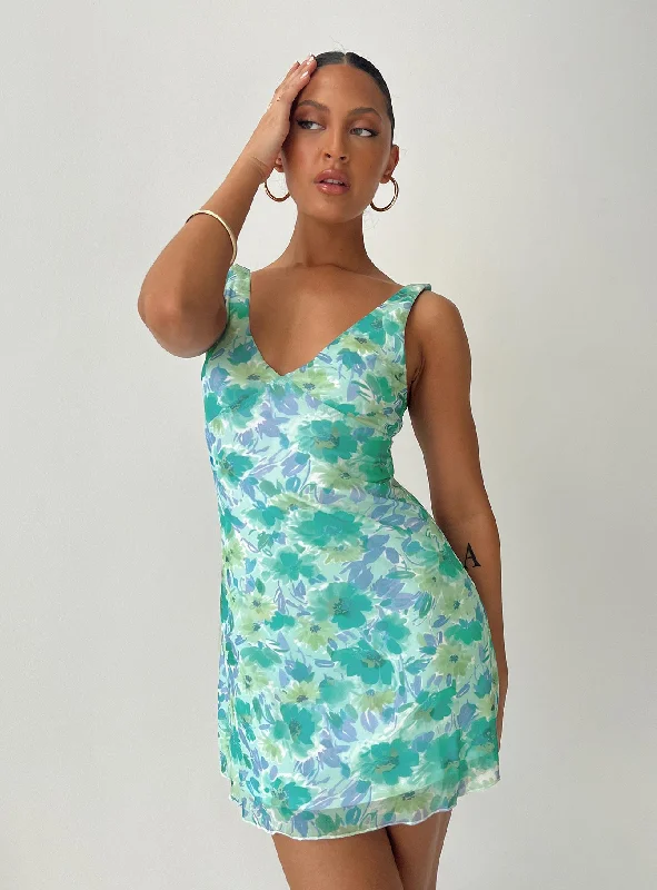 Zuba Mini Dress Green Floral Classic Solid Mini Dress