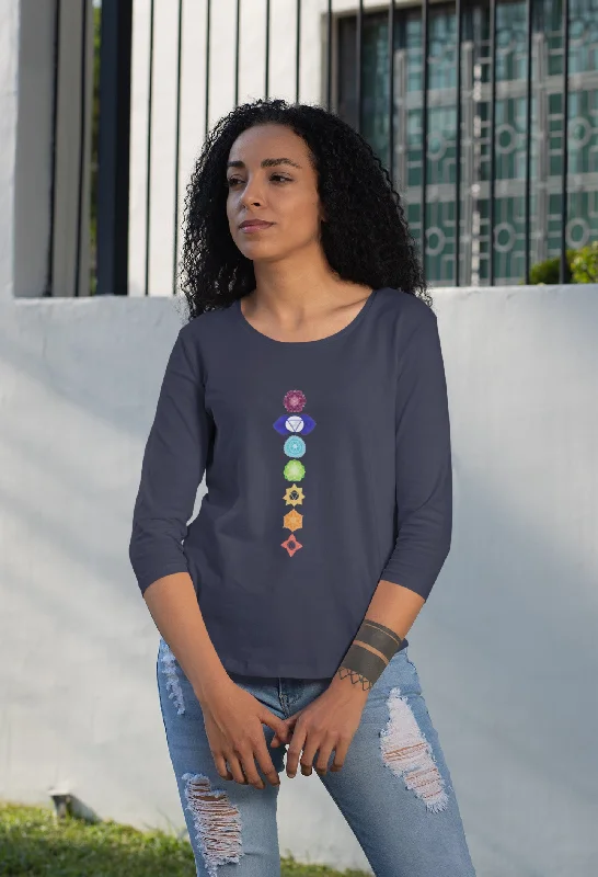 7 Chakras 3/4th Sleeve Cotton T-shirt for Women Collared T-Shirt Boat Neck A-Line