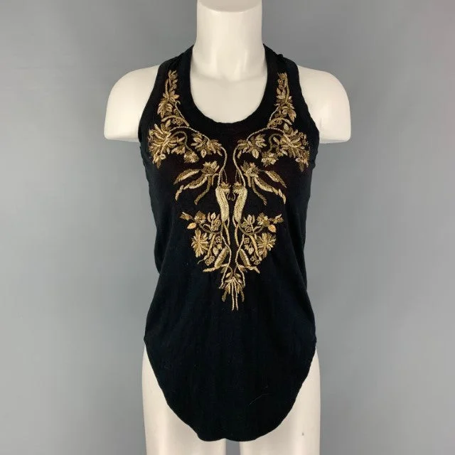 ALEXANDER MCQUEEN Size 0 Black Gold Cotton Embroidered Tank T-Shirt Modern Contemporary Chic