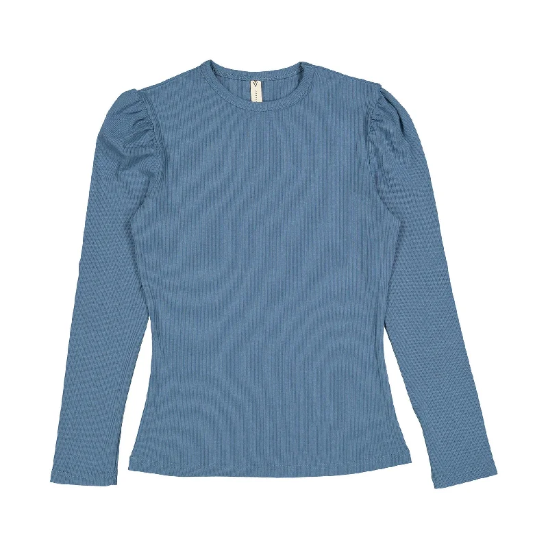 Ava and Lu Blue Ribbed Puff Sleeve Tee Hooded Caped Shawl Collar