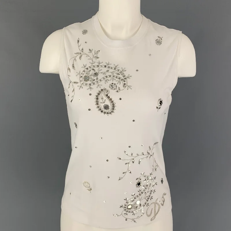 CHRISTIAN DIOR Size 8 White Silver Cotton Embroidered T-Shirt Anti-Shrink Durable Soft