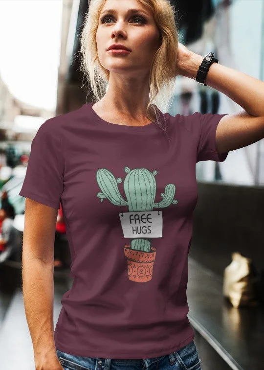 Free Hugs Women Half Sleeve T-Shirt Zippered Front Buttoned Front Snap Front