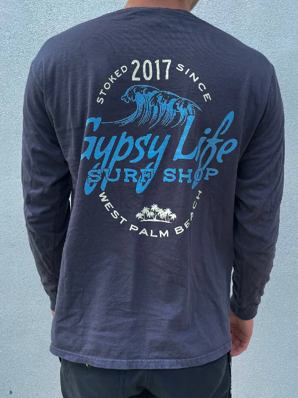 Gypsy Life Mediary Waves/Palms LS Tee - Coal Welt Pockets Slit Pockets