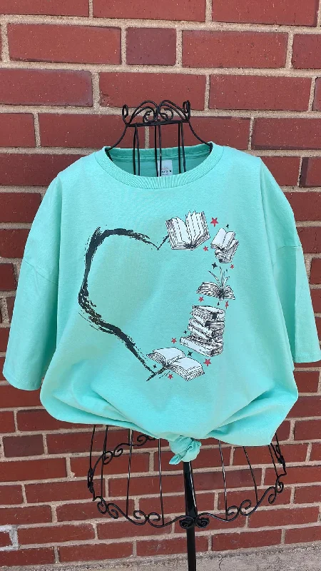 Heart Books T-Shirts | Hanes T Shirt Teal Size 2XL Graphic Embroidered Appliqued