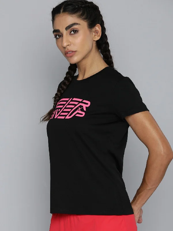 HRX by Hrithik Roshan Women Black Typography Printed T-shirt Silk Blend Satin Velvet