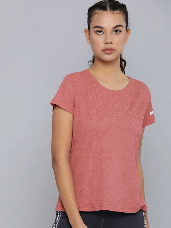 HRX by Hrithik Roshan Women Rose-Coloured Printed Rapid-Dry T-shirt with Reflective Strips Striped Floral Plaid