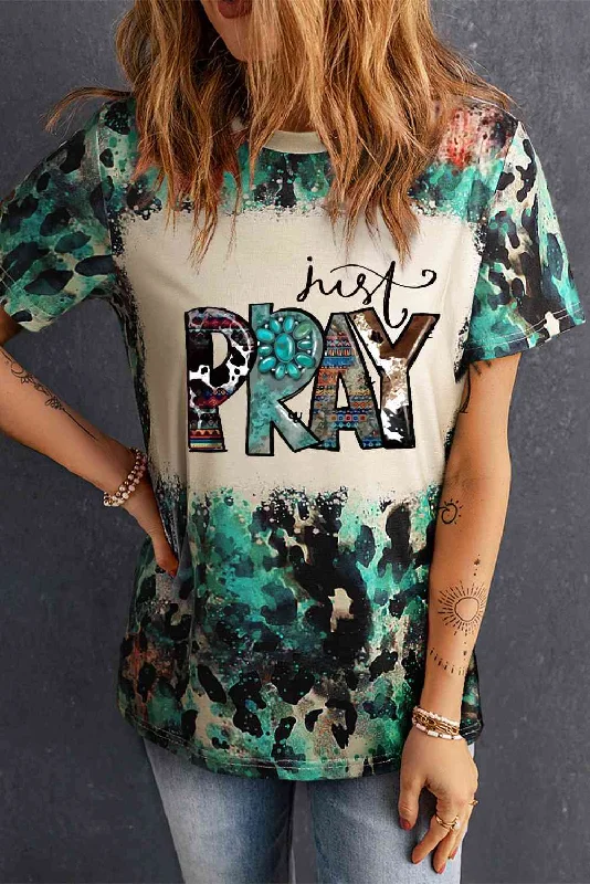 JUST PRAY Colorful Leopard Camo Ladies T-Shirt Notch Collar Peter Pan Collar Cowl Neck