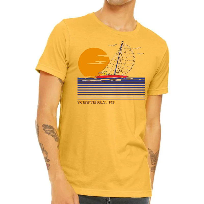 Large Sailboat Heather Yellow Gold Unisex Jersey Tee Welt Pockets Slit Pockets