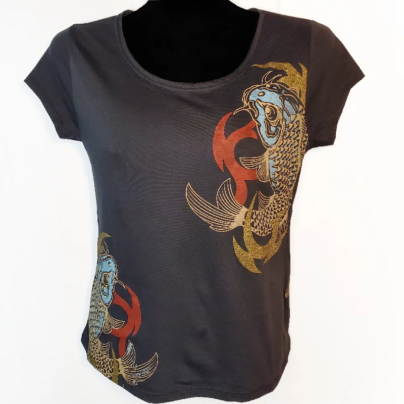 Metallic Dragon Koi Womens Cotton T-Shirt Beaded Sequined Faux Fur