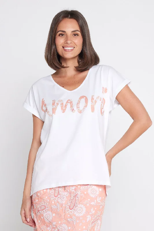 Print Motif V Neck Tee - White/Peach Paisley Fleece Fabric Down Fabric Feather Fabric