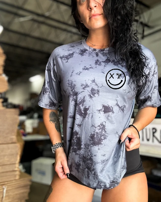 Salty Savage Ladies “Spliced Smile” Drop Shoulder Boyfriend Tee | Gray Tie Dye Welt Pockets Slit Pockets Flap Pockets