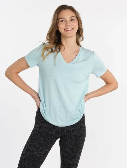 Tasc All Day V-Neck T-Shirt Joyful Blue Heather Cashmere Blend Cotton Blend Poly Blend