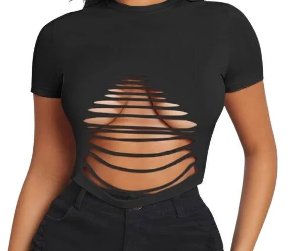 THIGHBRUSH® - Women's Ladder Cut Out Cropped T-Shirt - Black Notch Collar Peter Pan Collar Cowl Neck