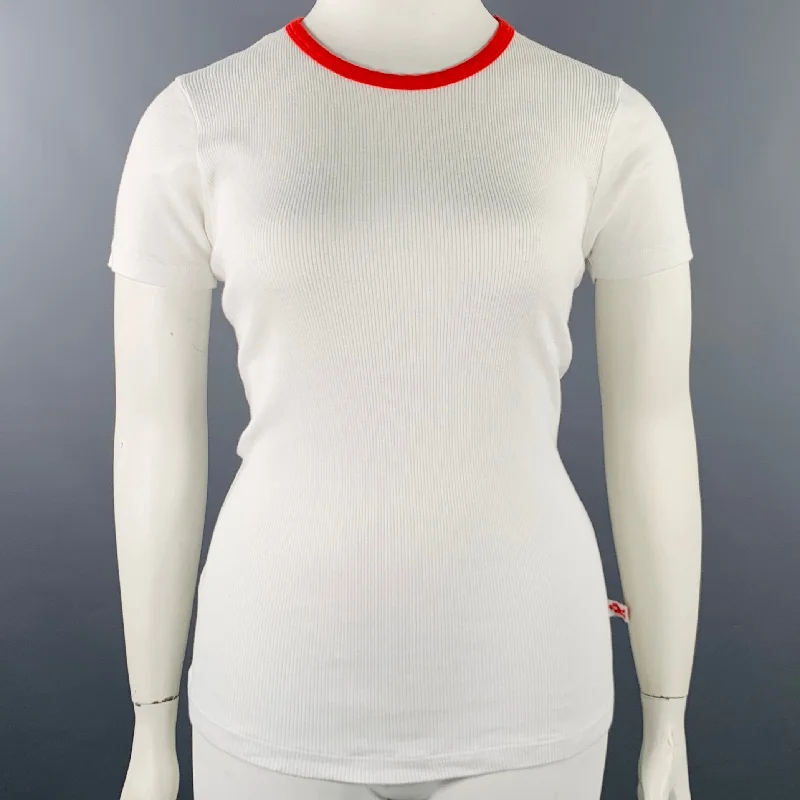 WALTER VAN BEIRENDONCK Size XXL White Red Cotton Ribbed Ringer T-Shirt Notch Collar Peter Pan Collar Cowl Neck