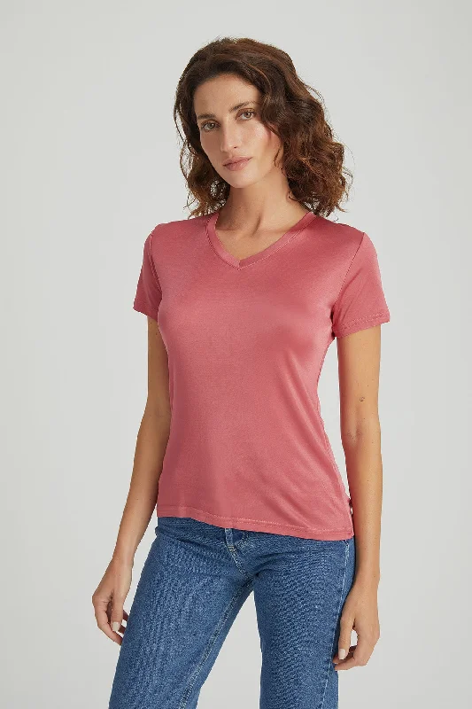 Watermelon Marina Silk-Blend V-Neck Short-Sleeve T-Shirt Chenille Blend Fleece Blend Nylon Blend