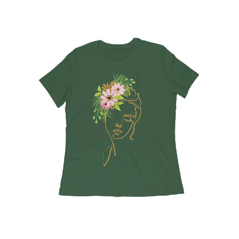 Women Round Neck Olive Green T-Shirt Flower Empower Front Pockets Side Pockets Patch Pockets