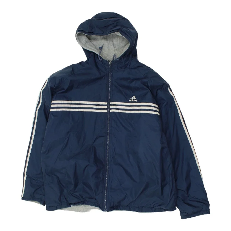 Adidas Mens Navy Grey Reversible Hoodie Jacket | Vintage 90s Sports Streetwear Knit Fabric Woven Fabric Fleece Fabric