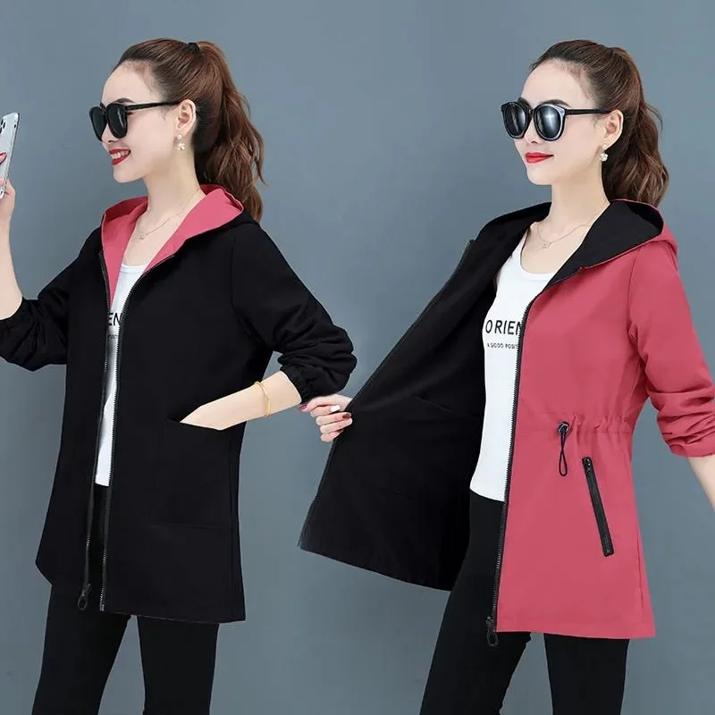 New Women's Trench Coat  Double-Sided Mid-Length Windbreaker - Korean Spring and Autumn Loose Oversize 4XL Jacket Top V-Neck Jacket Boat Neck Jacket Square Neck Jacket