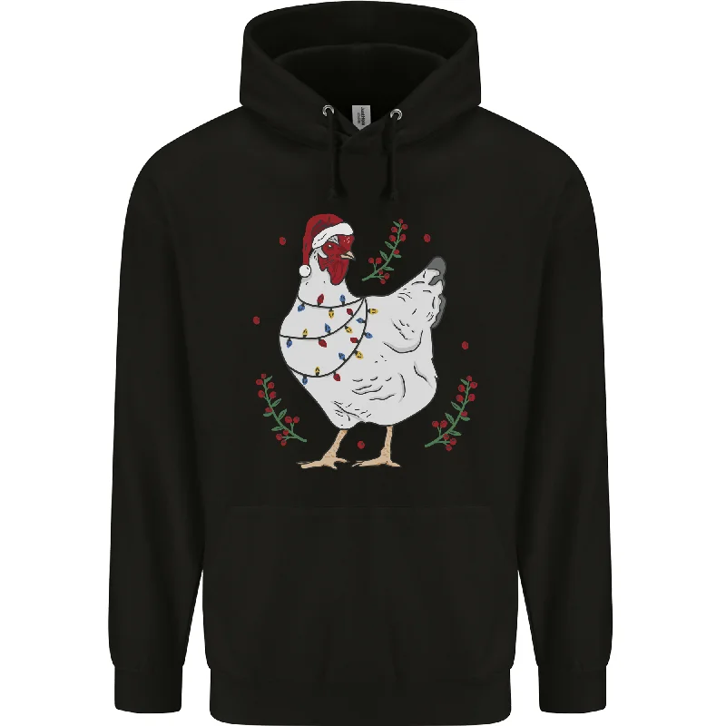 A Christmas Chicken Wearing an Xmas Hat Mens 80% Cotton Hoodie Hoodie with Drawstring Waist Adjustable Fitted