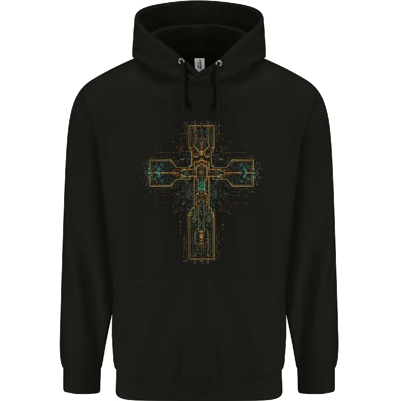 A Circuit Board Cross Gothic Goth Techy Mens 80% Cotton Hoodie Hoodie with Earth Tones Natural Calm