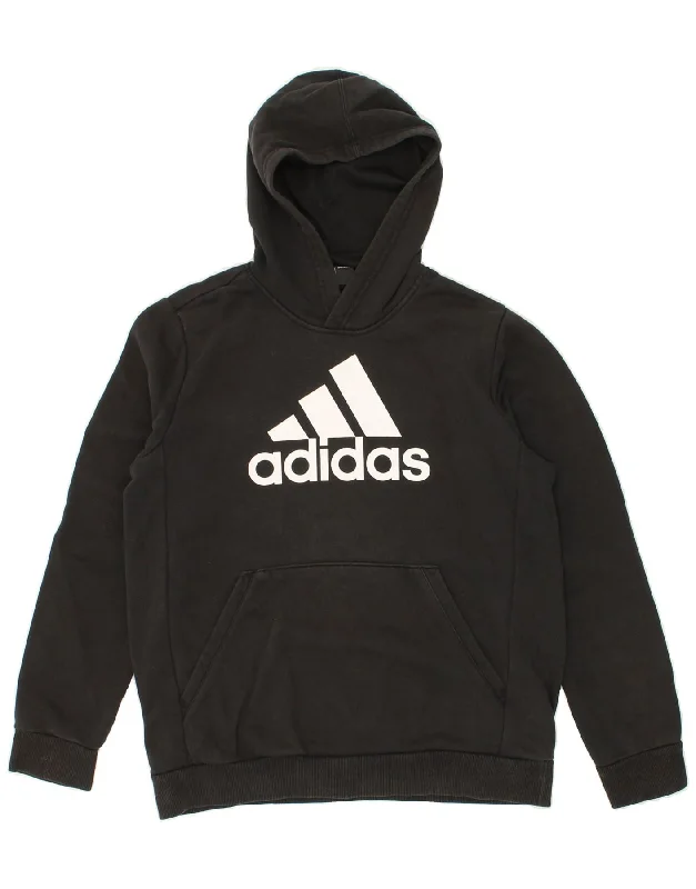 ADIDAS Boys Graphic Hoodie Jumper 13-14 Years Black Cotton Hoodie with Hem Frayed Vintage Worn