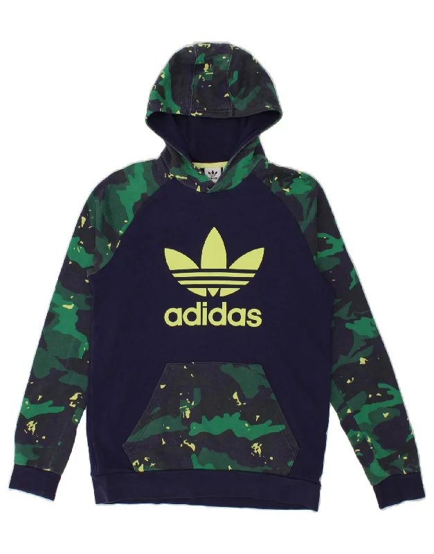 ADIDAS Boys Graphic Hoodie Jumper 15-16 Years Navy Blue Camouflage Cotton Hoodie with Reflective Safety Nightwear