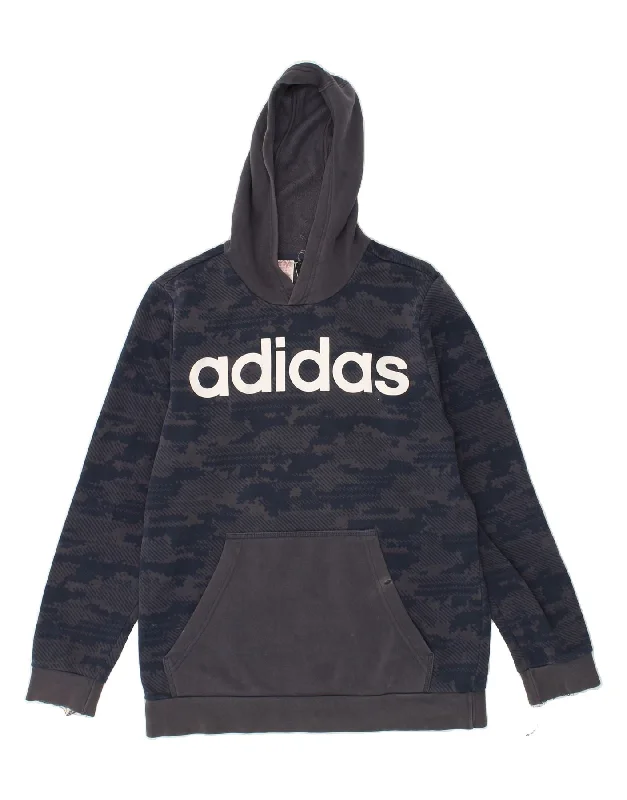 ADIDAS Boys Graphic Hoodie Jumper 15-16 Years Navy Blue Cotton Hoodie with Stripes Bold Sporty