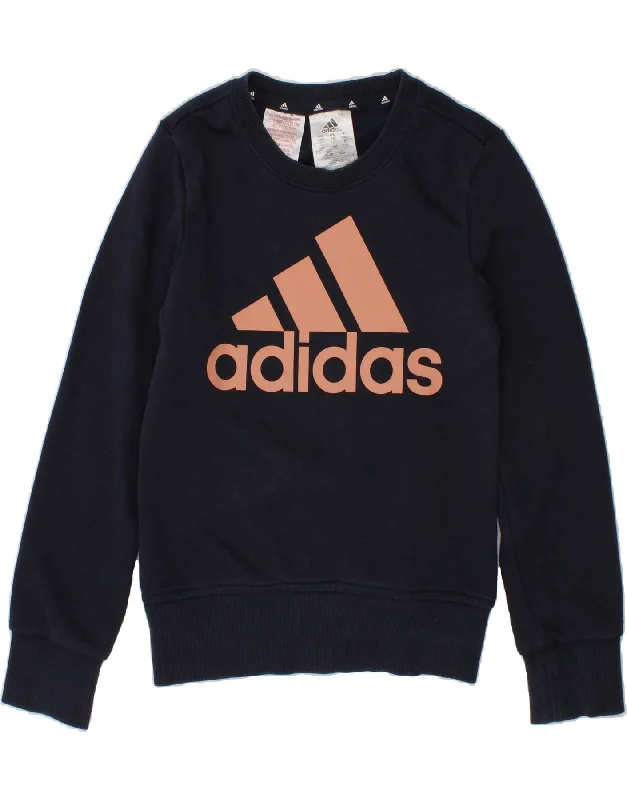 ADIDAS Girls Graphic Sweatshirt Jumper 7-8 Years Navy Blue Cotton Hoodie with Velcro Closure Adjustable Secure