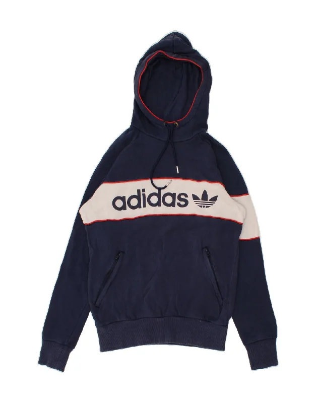 ADIDAS Mens Graphic Hoodie Jumper Small Navy Blue Colourblock Cotton Hoodie with Pocket Utility Practical