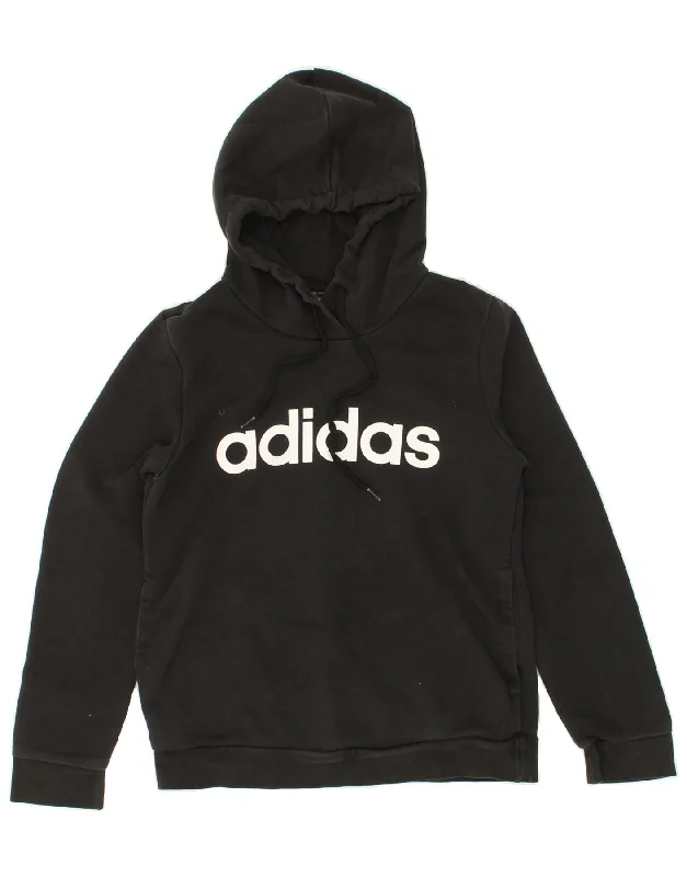 ADIDAS Womens Graphic Hoodie Jumper UK 8/10 Small Black Cotton Hoodie with Hem Applique Textured Unique