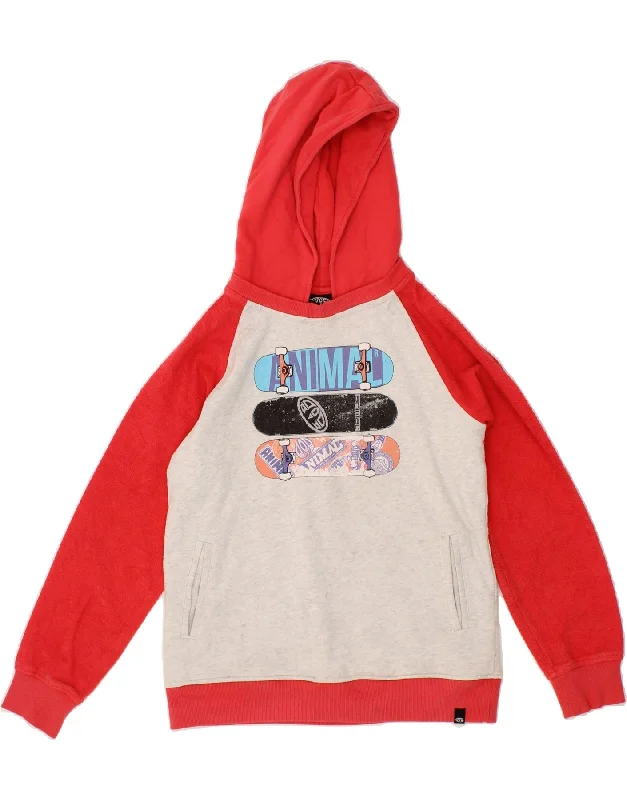 ANIMAL Girls Graphic Hoodie Jumper 10-11 Years Red Colourblock Cotton Hoodie with Crew Neck Simple Timeless