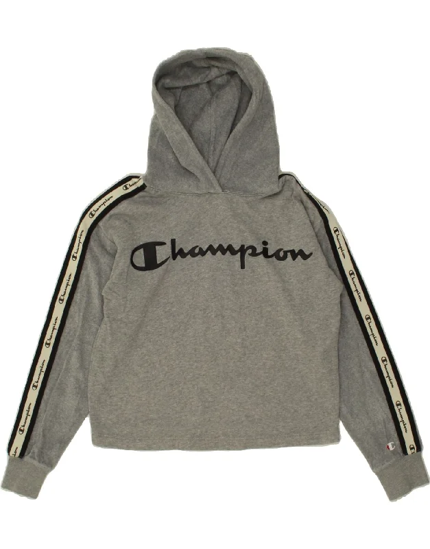 CHAMPION Girls Graphic Hoodie Jumper 11-12 Years Large  Grey Hoodie with Hem Detail Decorative Unique