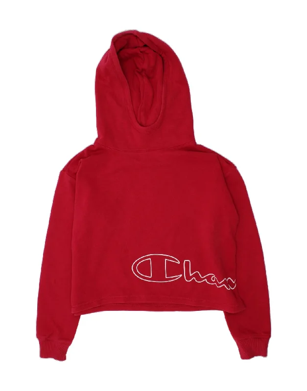 CHAMPION Girls Oversized Crop Graphic Hoodie Jumper 11-12 Years Large  Red Hoodie with Snap Buttons Easy Quick