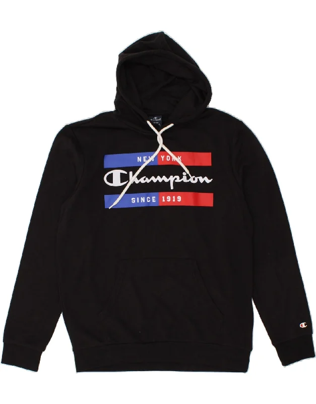 CHAMPION Mens Graphic Hoodie Jumper Large Black Cotton Hoodie with Drop Shoulder Relaxed Streetwear