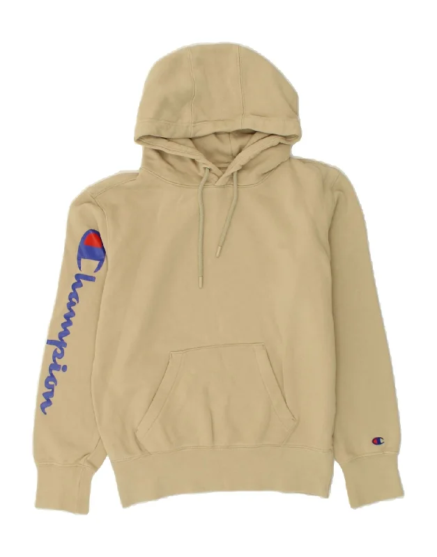 CHAMPION Womens Graphic Hoodie Jumper UK 6 XS Beige Cotton Hoodie with Double Zipper Versatile Adjustable