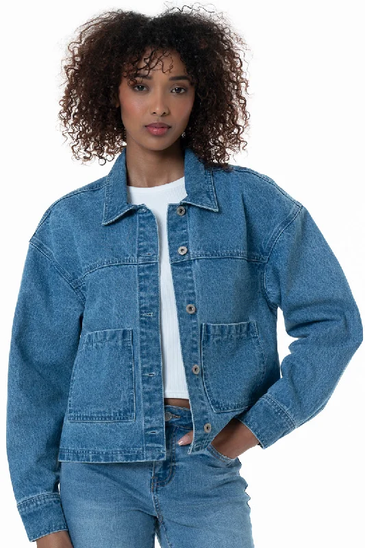 Denim Jacket _ 152422 _ Mid Wash Notch Collar Peter Pan Collar Cowl Neck