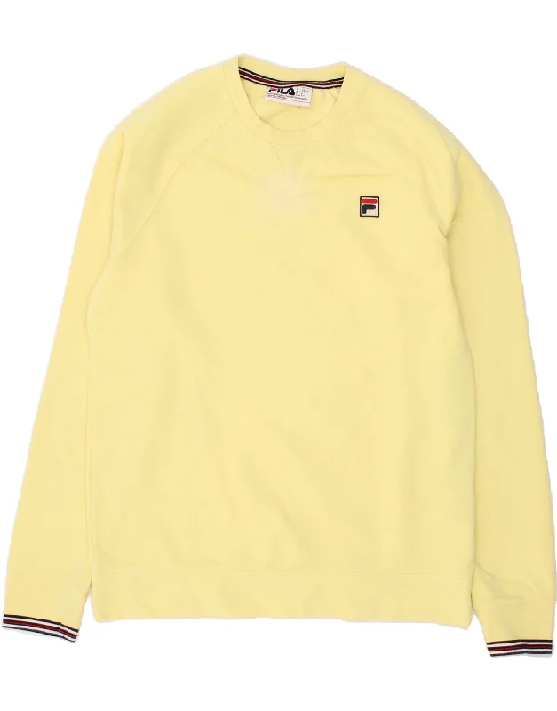 FILA Mens Sweatshirt Jumper Small Yellow Hoodie with Hem Applique Textured Unique