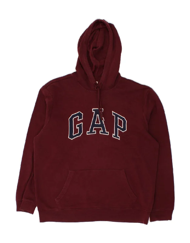 GAP Mens Graphic Hoodie Jumper Large Maroon Cotton Hoodie with Hem Raw Edge Edgy Unfinished