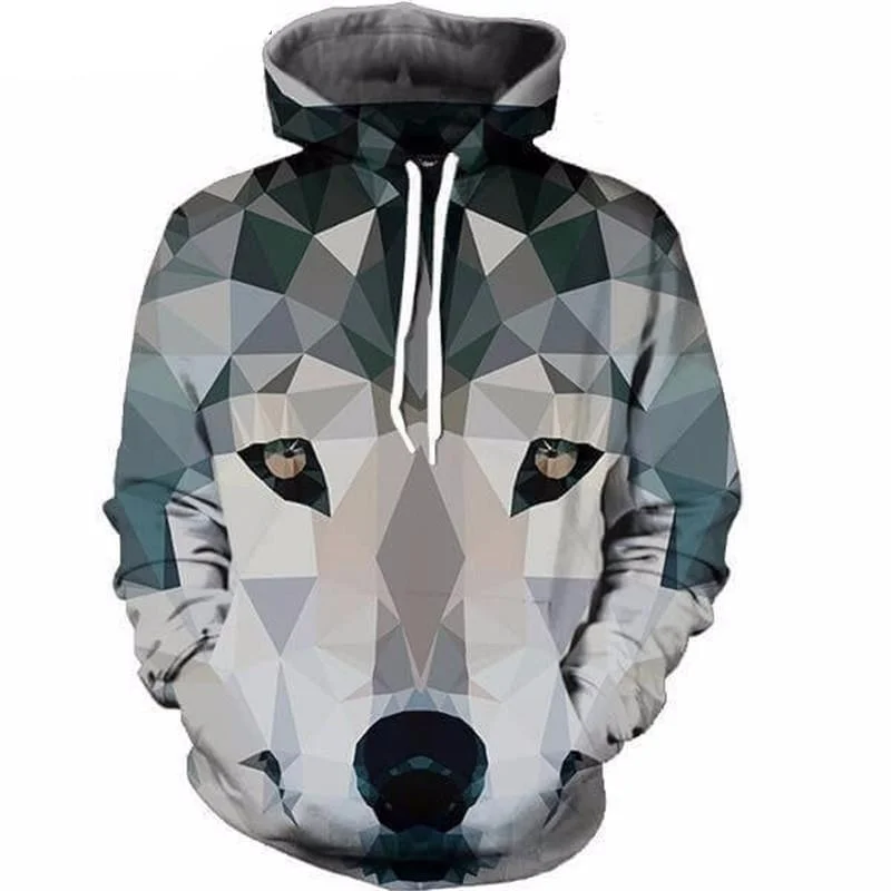 Geometric Wolf Grey Hoodie Hoodie with Slit Hem Functional Movement