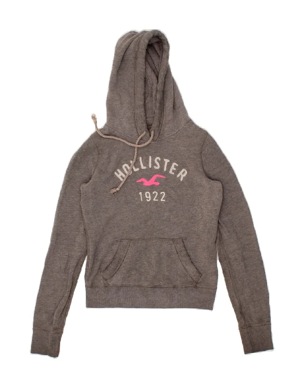 HOLLISTER Womens Graphic Hoodie Jumper UK 6 XS Grey Cotton Hoodie with Set-In Sleeves Structured Classic