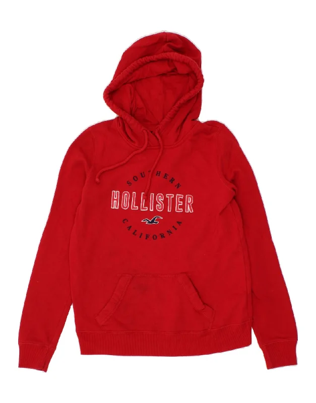 HOLLISTER Womens Graphic Hoodie Jumper UK 6 XS Red Cotton Hoodie with Camouflage Military Edgy