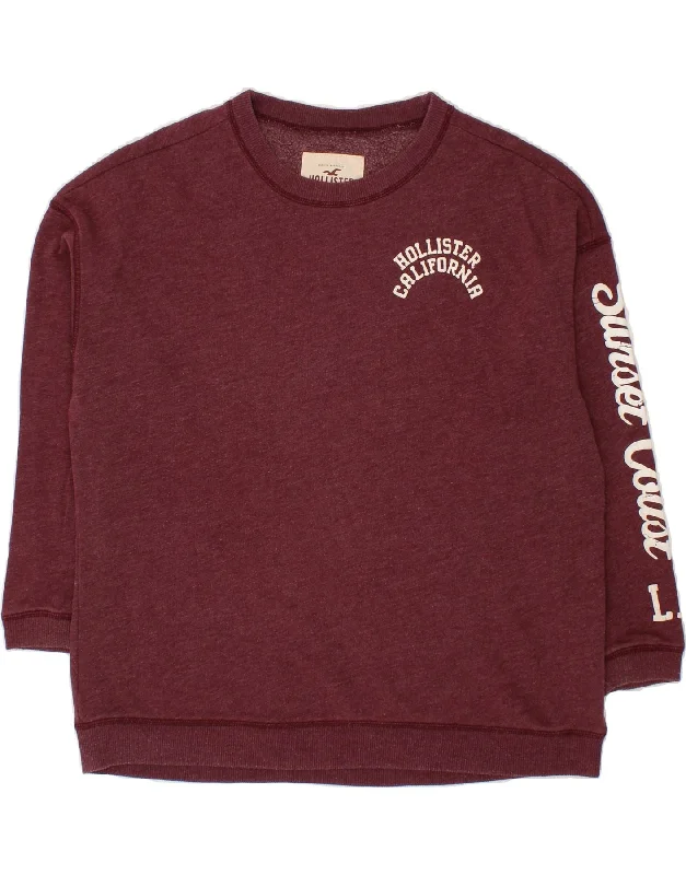 HOLLISTER Womens Graphic Sweatshirt Jumper UK 16 Large Maroon Cotton Hoodie with Embroidery Detailed Premium