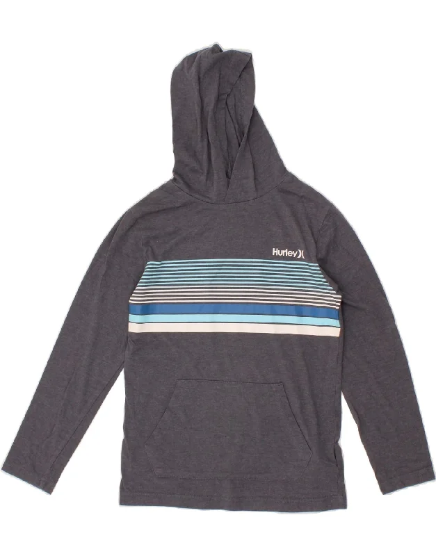 HURLEY Boys Hoodie Jumper 10-11 Years Medium  Grey Striped Cotton Hoodie with Button Placket Classic Preppy