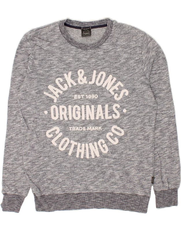 JACK & JONES Mens Graphic Sweatshirt Jumper Medium Grey Flecked Cotton Hoodie with Hood Adjustable Protection