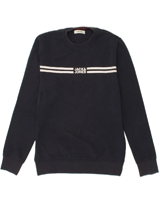 JACK & JONES Mens Graphic Sweatshirt Jumper Small Navy Blue Cotton Hoodie with Hem Contrast Bold Stylish