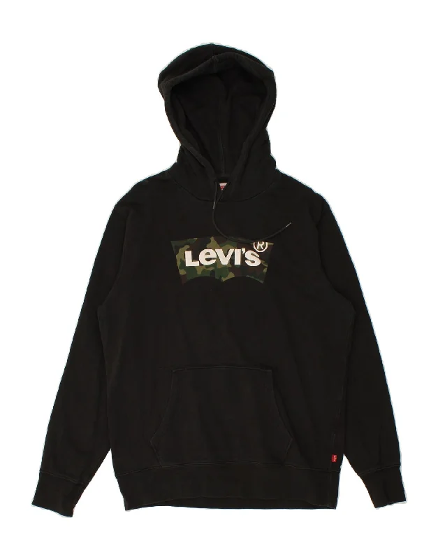 LEVI'S Mens Graphic Hoodie Jumper Large Black Hoodie with Print Artistic Unique